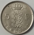 Бельгия 5 франков 1977 года (BELGIE)