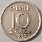 Швеция 10 эре 1959 года  (серебро)