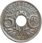 Франция, 5 сантимов, 1921. Третья Республика. Отверстие в центре