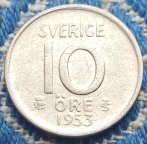 Серебряная монета 10 эре Швеции 1953 года