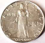 Ватикан  10 лир 1951  года